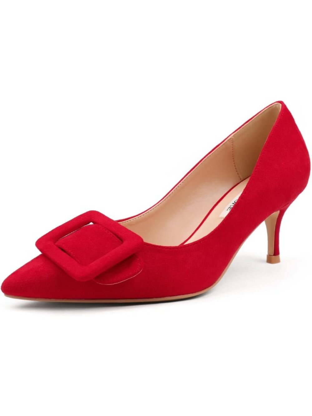 Women's Red Suede Kitten Heel Pump Pointed Toe Square Buckle Office Dress Shoes